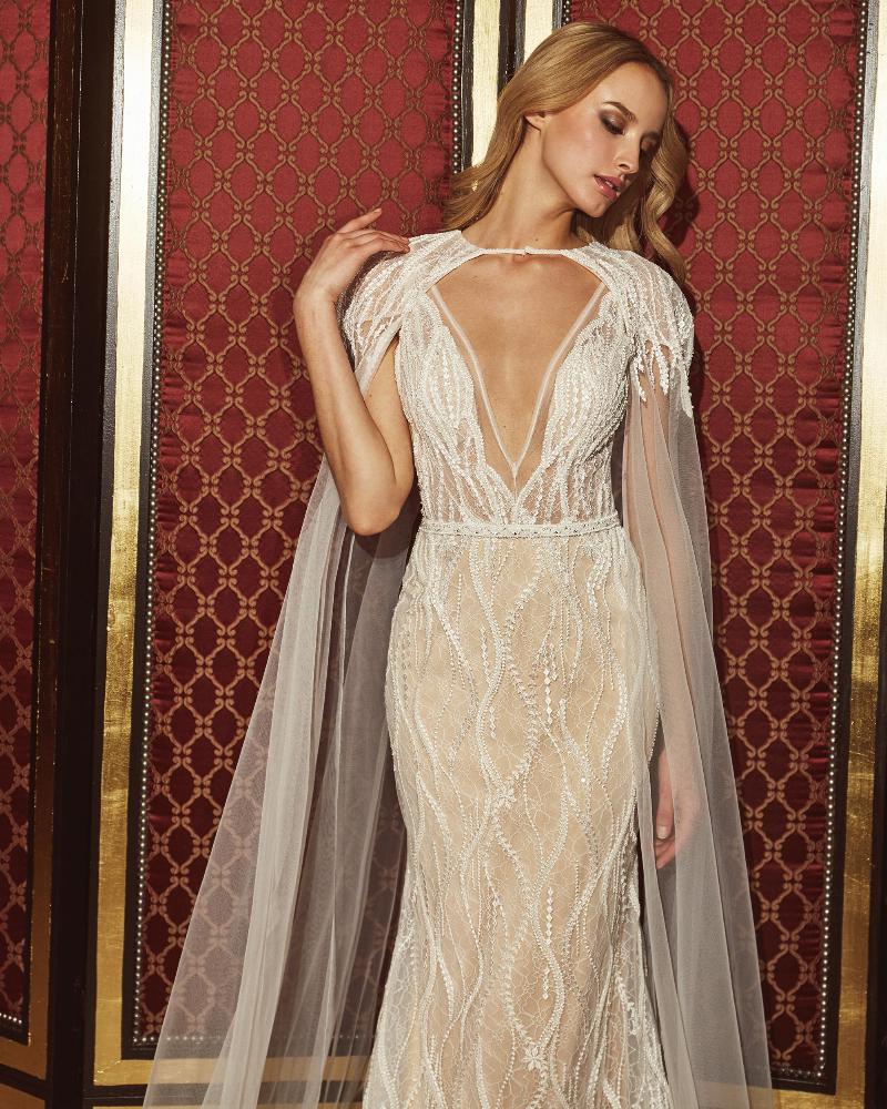 18247 vintage lace wedding dress with cape and plunging v neckline3